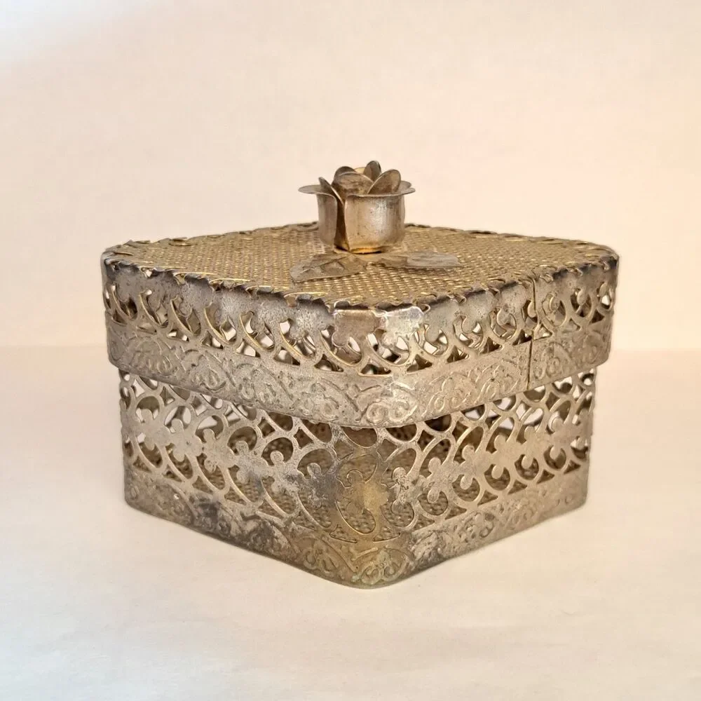 Vintage Metal Box Container Filigree Trinket with Lid and Rose on Top